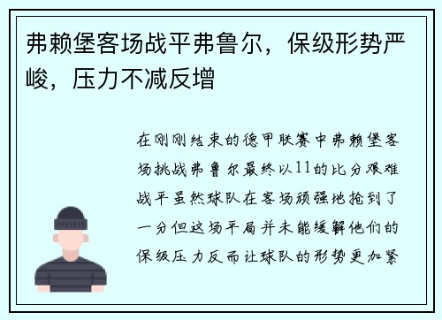 弗赖堡客场战平弗鲁尔，保级形势严峻，压力不减反增